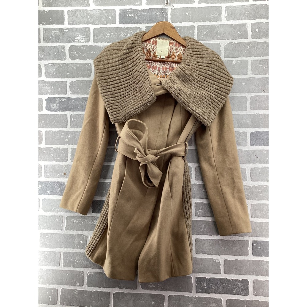 Elevenses Anthropologie Camel Wool Blend Knit Trim Wrap Coat Size 6 00ZMW153